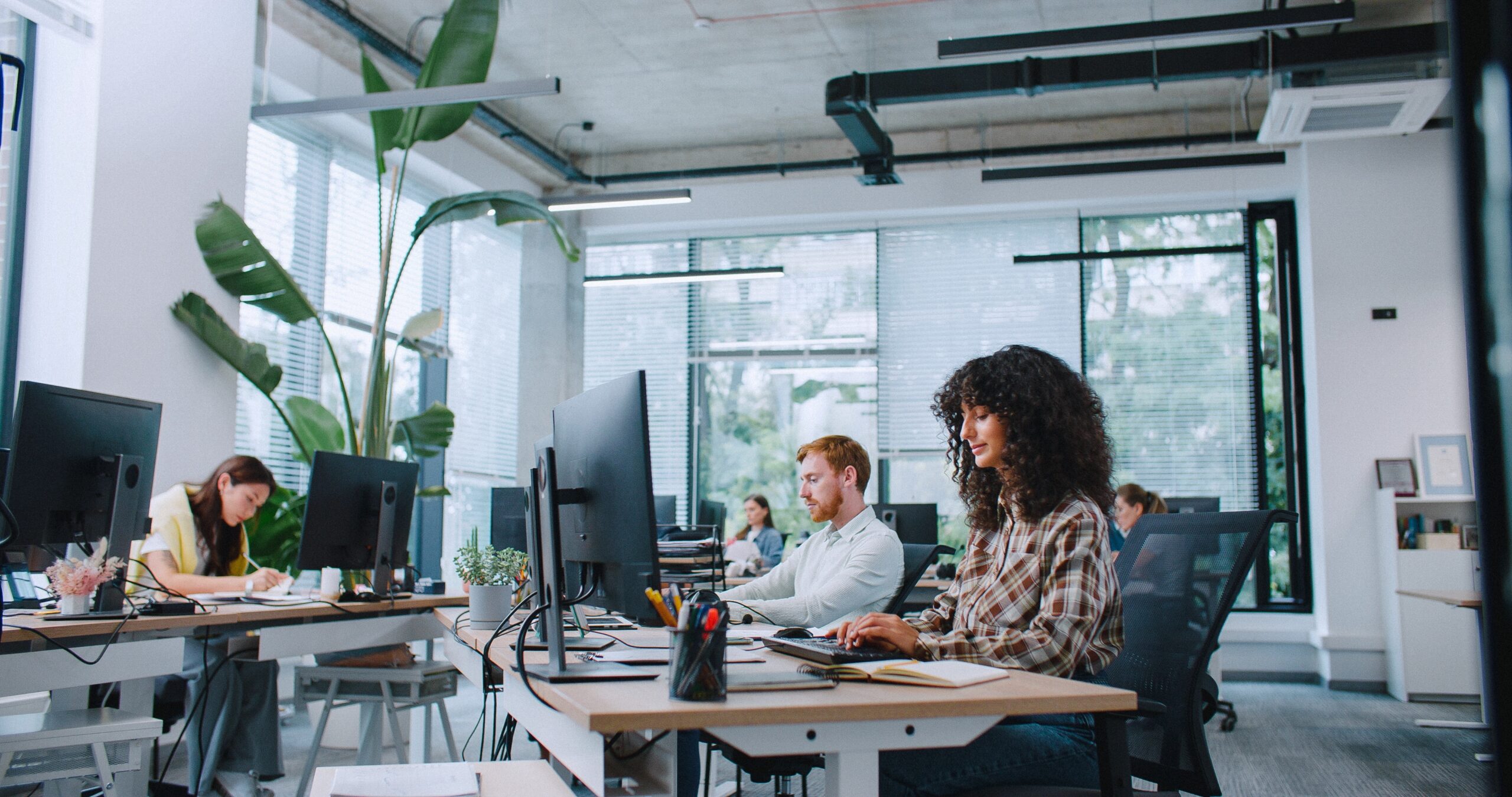 Group of Busy Managers Working in Spacious Office People Entering